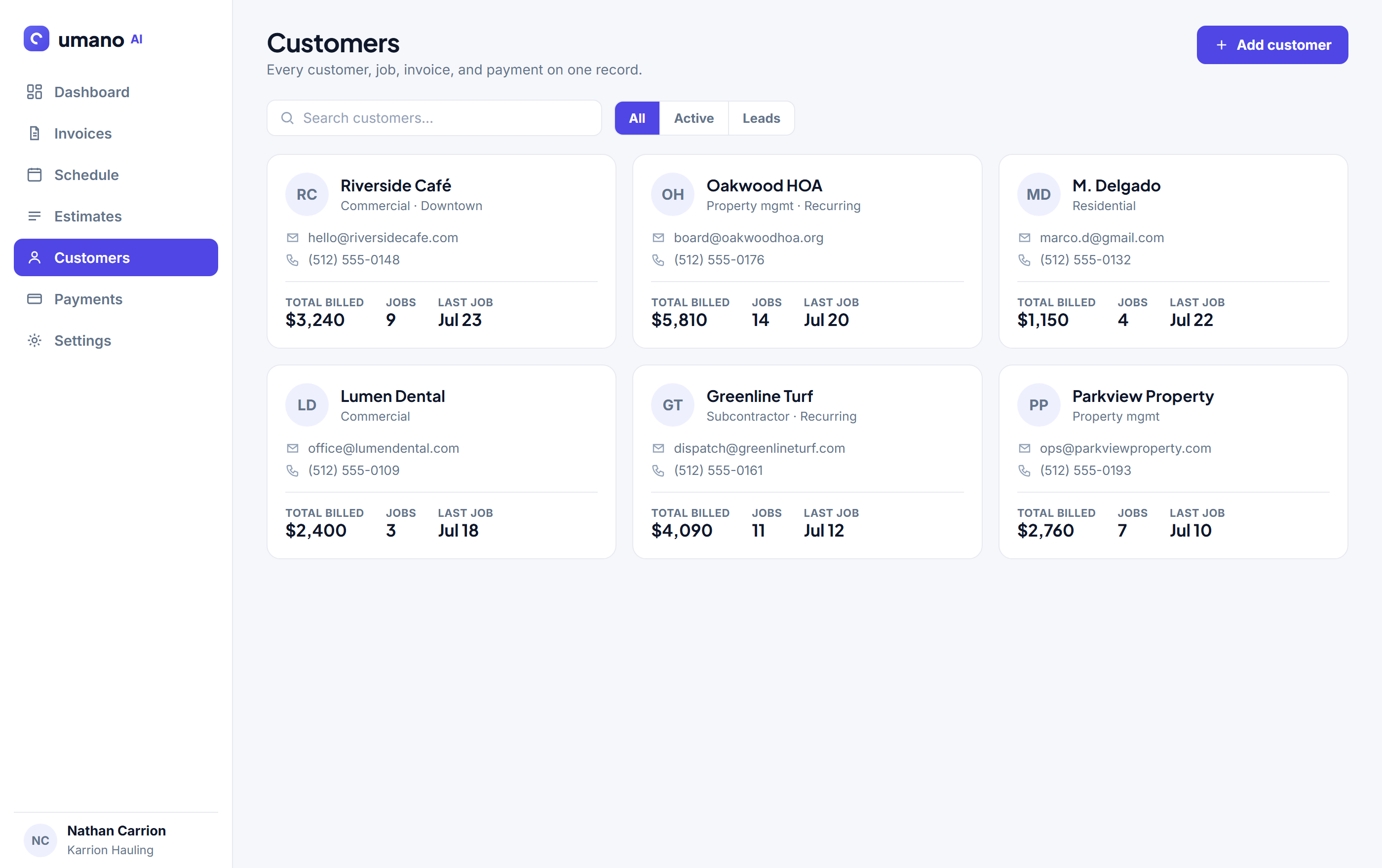 Customer records in Umano